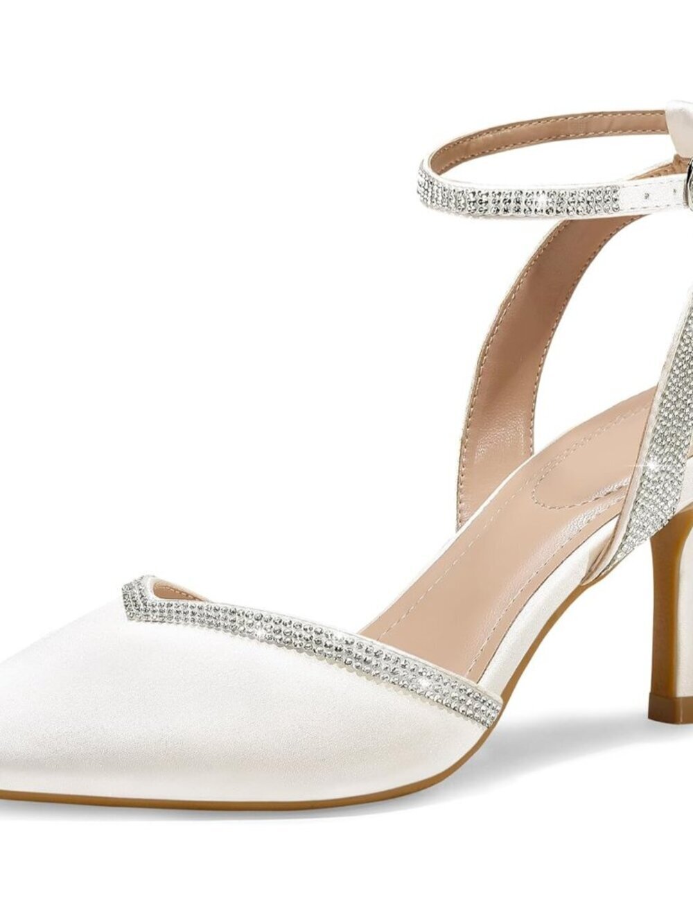 Women's White Satin Pumps Shoes Pointed Toe Kitten Low Heels Ankle Strap